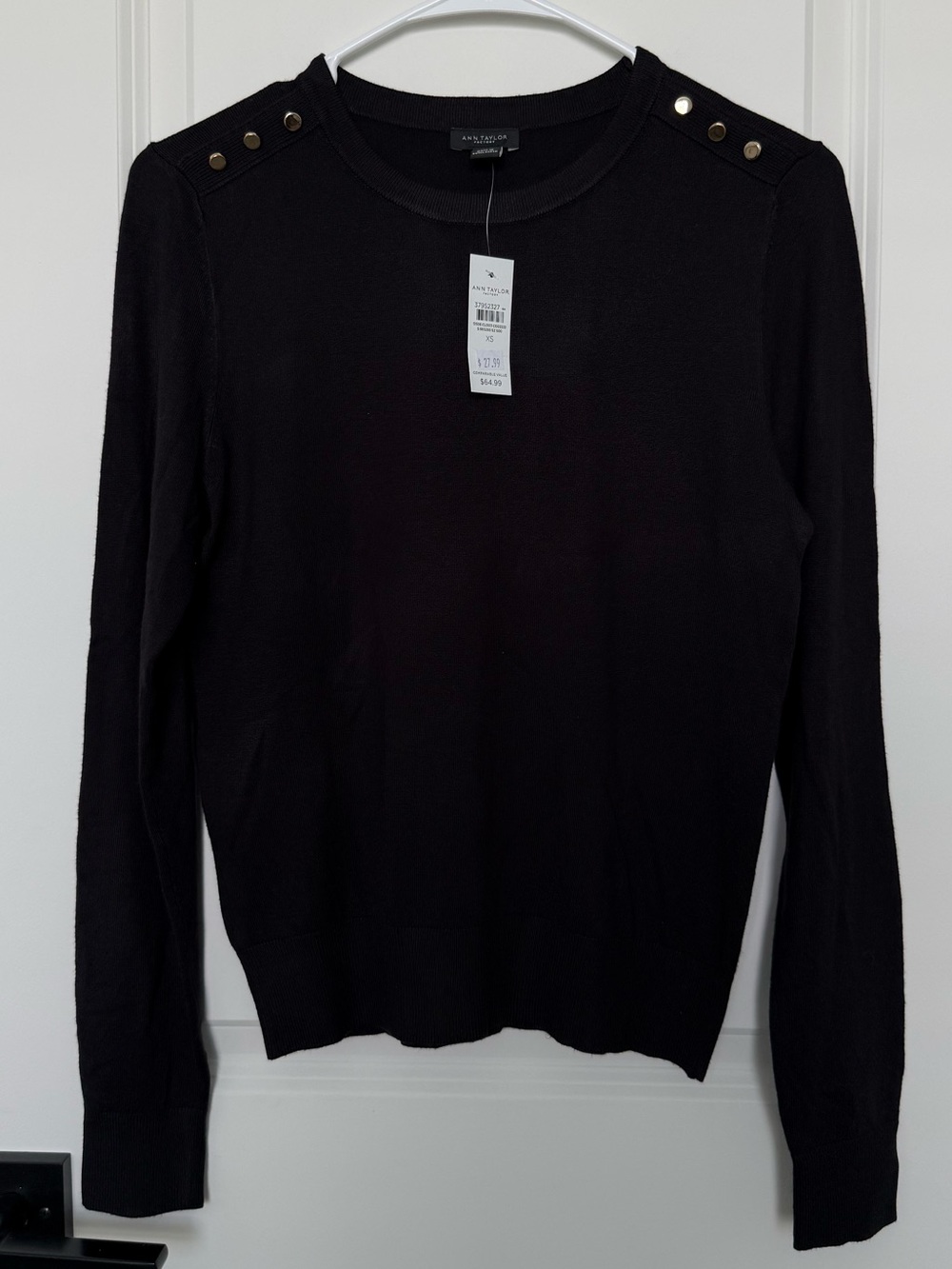 Ann Taylor Black Crewneck Sweater with Gold Shoulder Buttons
